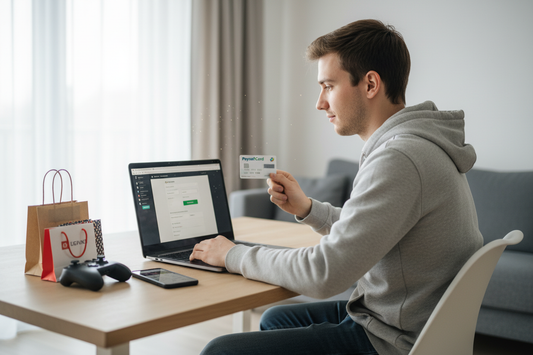 Junger Mann nutzt Laptop und PaysafeCard kaufen vorteile für sicheres Online-Shopping von zu Hause