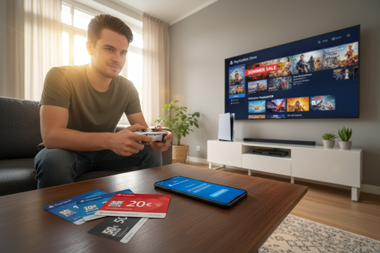 Junger Mann lädt PlayStation Network Guthaben auf, um digitale Spiele und Angebote im PS Store zu nutzen