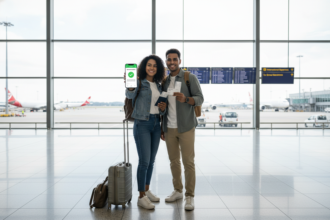 Reisendes Paar am Flughafen zeigt Aircash Guthaben aufladen auf dem Smartphone für stressfreies Reisen