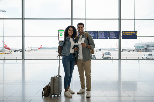 Reisendes Paar am Flughafen zeigt Aircash Guthaben aufladen auf dem Smartphone für stressfreies Reisen