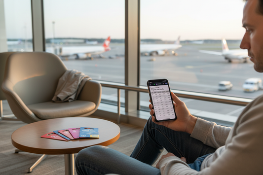 Mann vergleicht Prepaid Guthaben am Flughafen mit Handy und verschiedenen Guthabenkarten auf dem Tisch