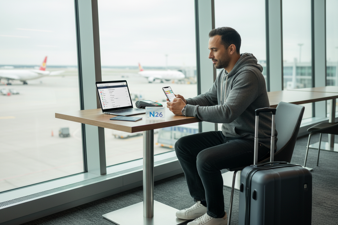 Reisender am Flughafen nutzt Online Guthaben Optionen bequem per Smartphone und Laptop