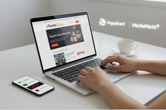 Person kauft digitale Gutscheinkarten online am Laptop, schnelle und bequeme Auswahl für Geschenke