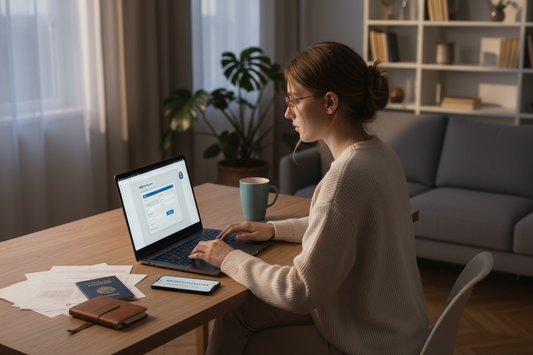Frau nutzt Laptop für sichere Online Zahlungsmethoden in gemütlicher Wohnumgebung