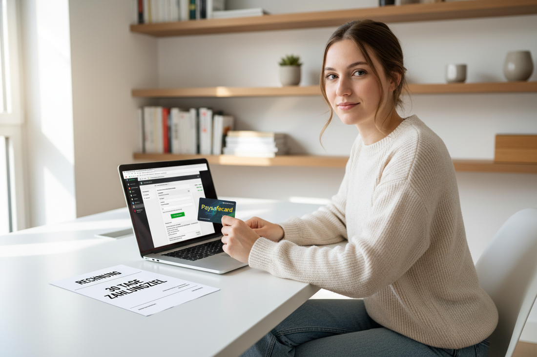 Frau nutzt paysafecard auf rechnung 30 tage am Laptop für flexible Online-Zahlungen mit späterem Zahlungsziel