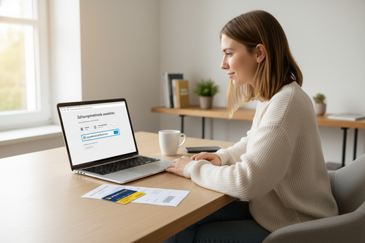 Frau wählt paysafecard auf Rechnung am Laptop für eine bequeme Online-Zahlungslösung