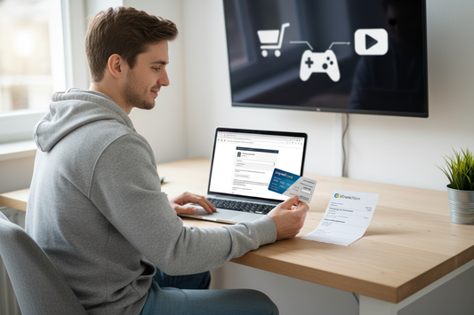 Mann kauft paysafecard auf rechnung online am Laptop für sicheres und flexibles Bezahlen im Internet