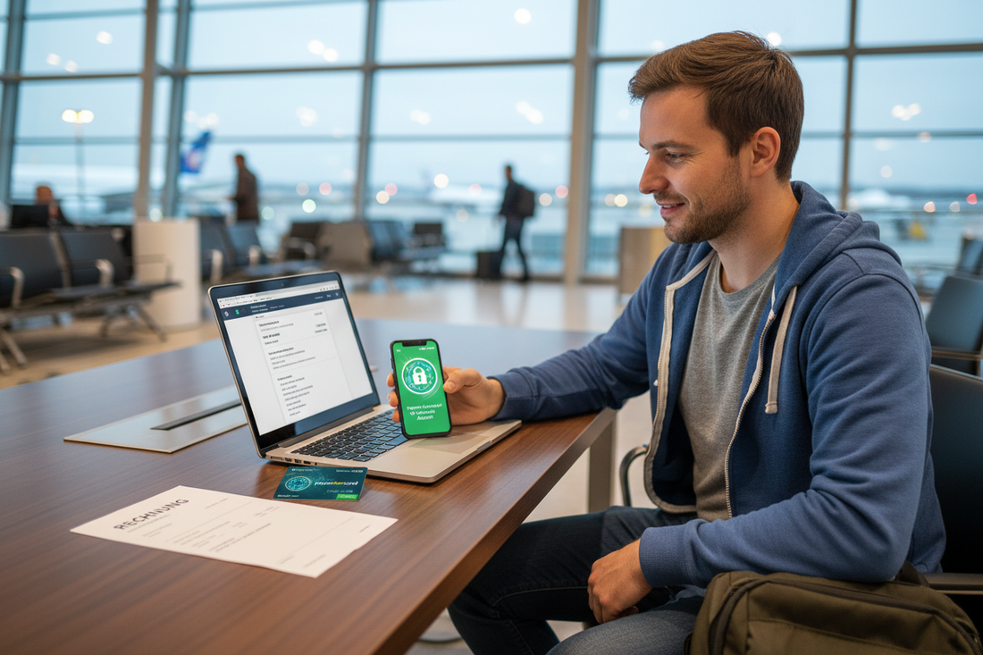 Junger Mann kauft paysafecard auf Rechnung online am Laptop und Smartphone im modernen Wartebereich