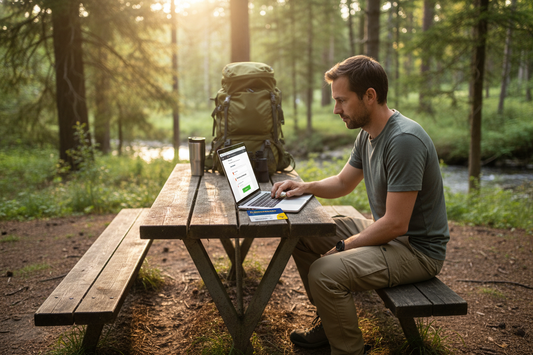 Mann nutzt Laptop im Wald, um paysafecard auf Rechnung bequem und flexibel online zu kaufen
