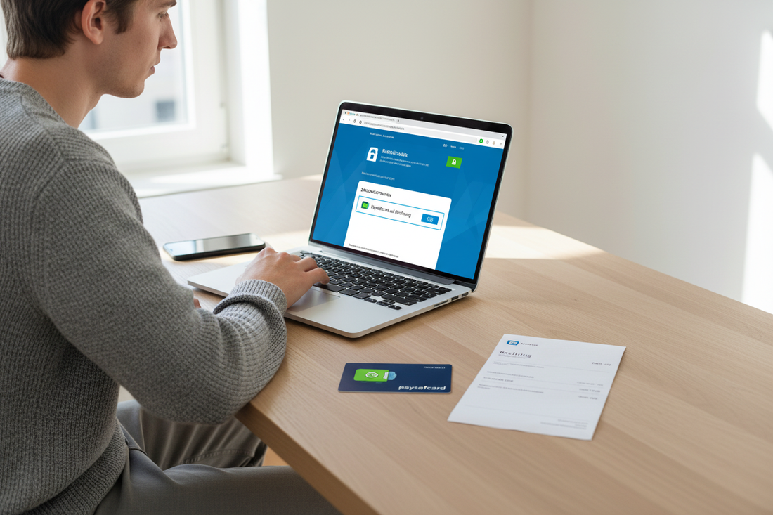 Mann nutzt Laptop für paysafecard auf Rechnung, praktische Online-Zahlungslösung bequem von zu Hause aus