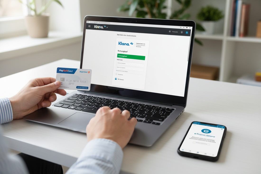 Online-Shopping mit paysafecard und Klarna Rechnungskauf am Laptop für sichere und flexible Zahlungen