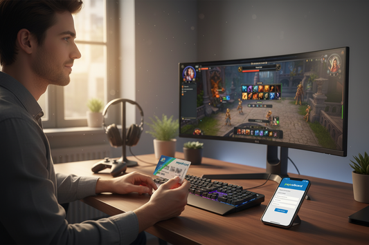 Gamer nutzt paysafecard online bezahlen für sicheres Bezahlen beim Gaming am Computer