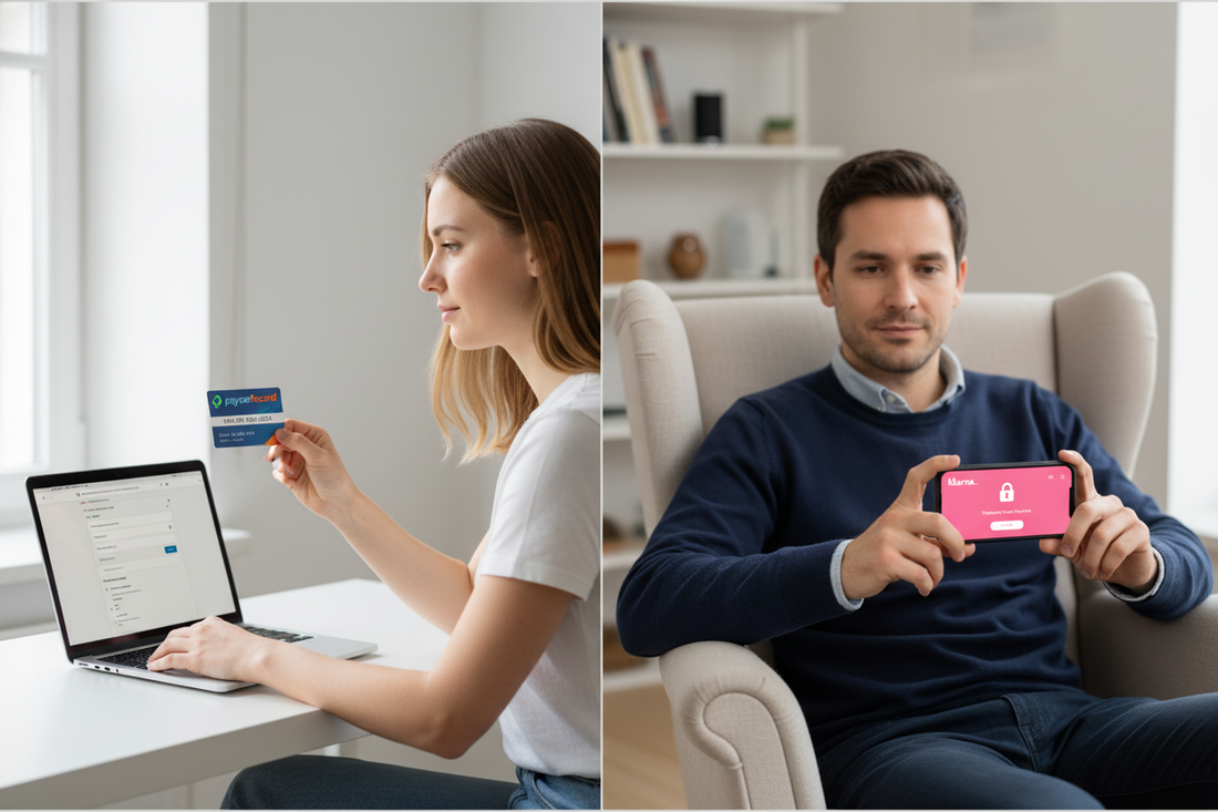 Frau nutzt paysafecard am Laptop, Mann verwendet Klarna-App auf Smartphone für sichere Online-Zahlungen