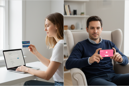 Frau nutzt paysafecard am Laptop, Mann verwendet Klarna-App auf Smartphone für sichere Online-Zahlungen