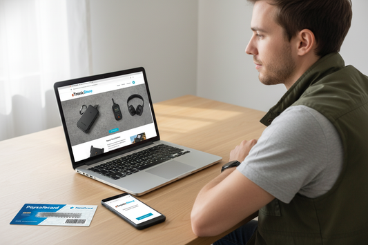 Mann nutzt sichere Online Zahlungsmethoden beim Elektronikkauf im Onlineshop für mehr Schutz