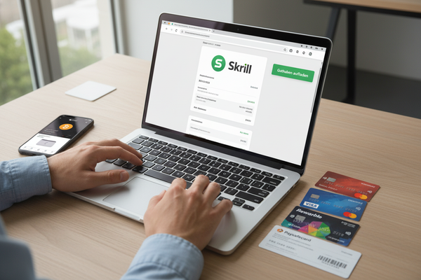 Schnell und einfach Skrill Guthaben aufladen mit verschiedenen Zahlungsmethoden am Laptop